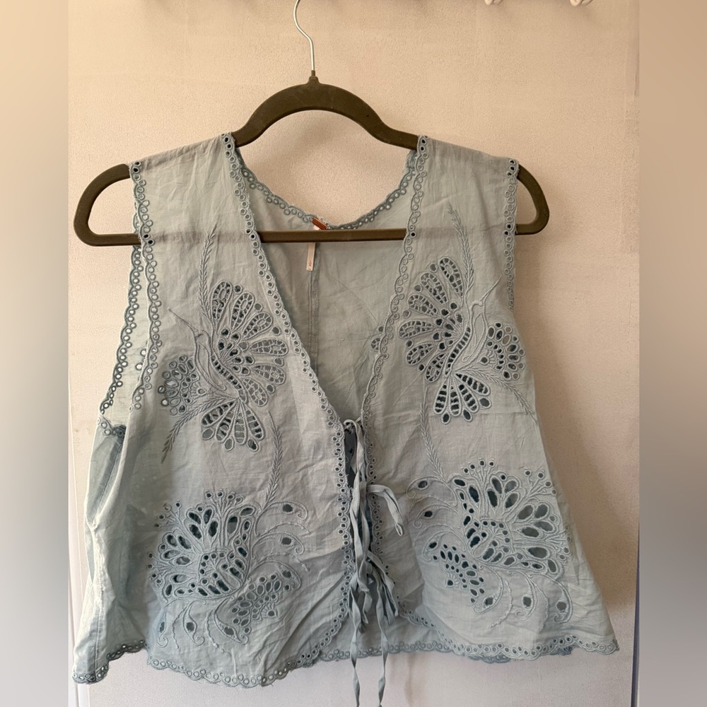 Free People Sky Blue Embroidered Blouse